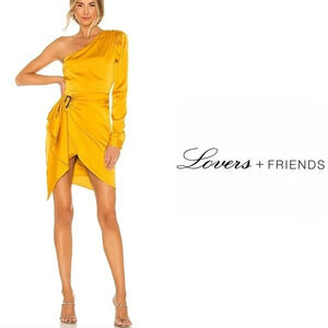 Lovers and Friends Revolve Ana One Shoulder Cocktail Dress Yellow Mustard Small.